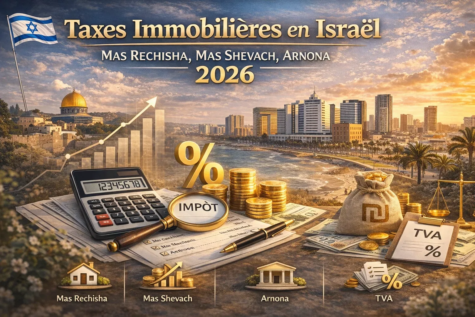 Taxes immobilières en Israël : mas rechisha, mas shevach, arnona (2026)
