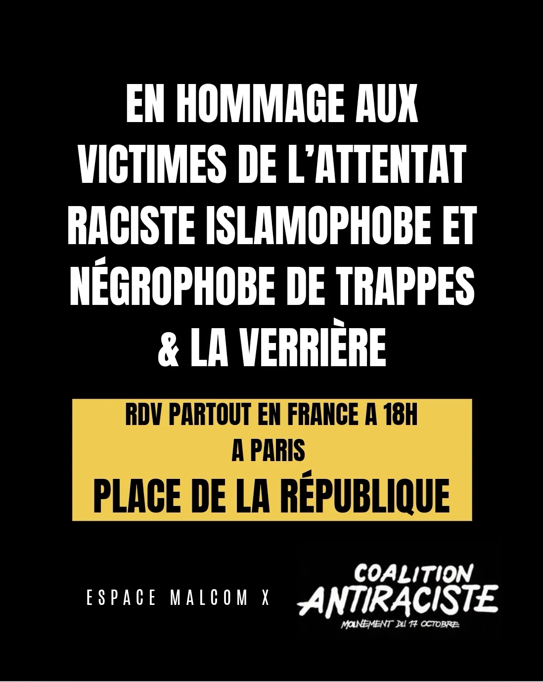 Attentat raciste à Trappes : Appel à rassemblement ce lundi à 19 H à Paris